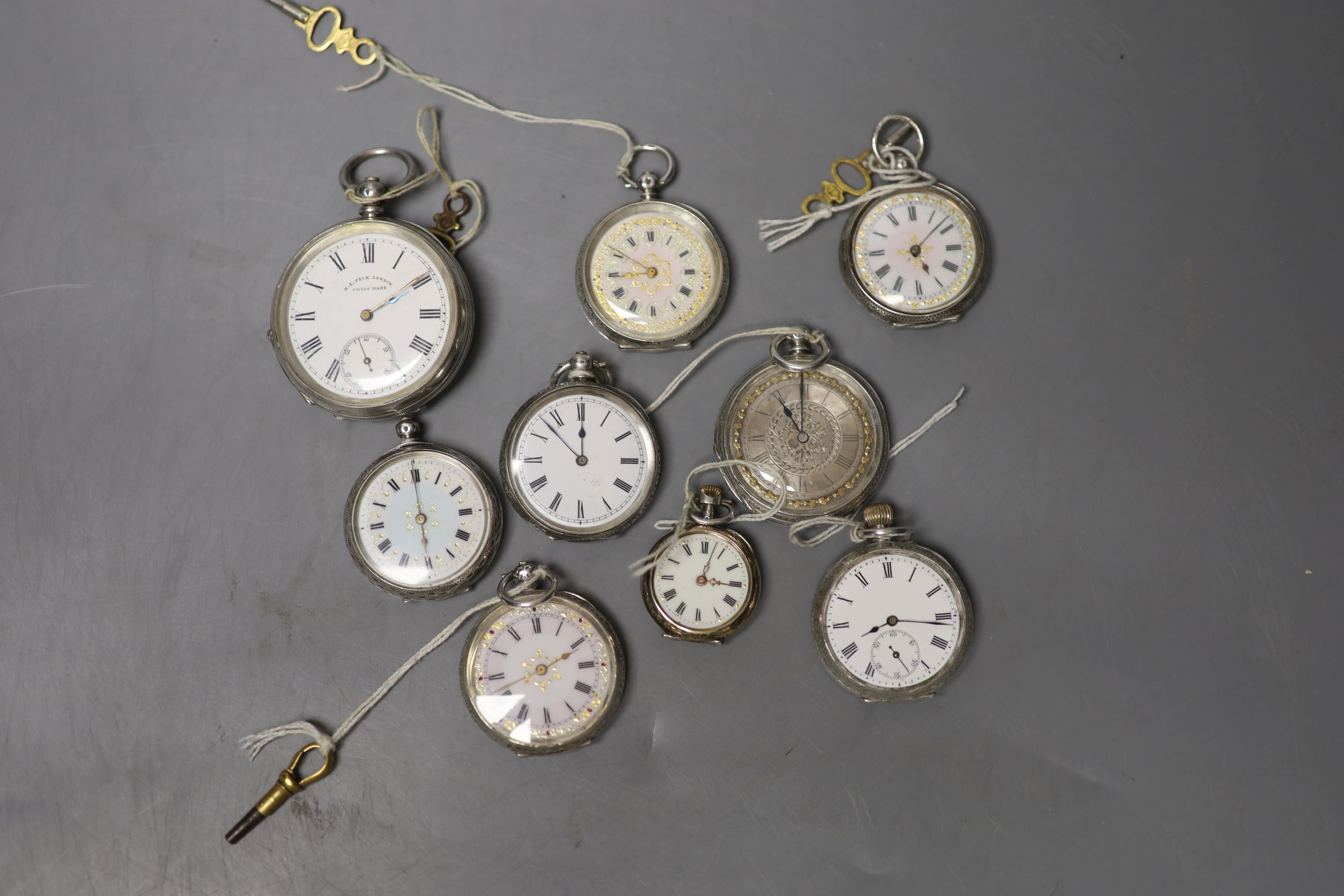 8 fob watches and a pocket watch.